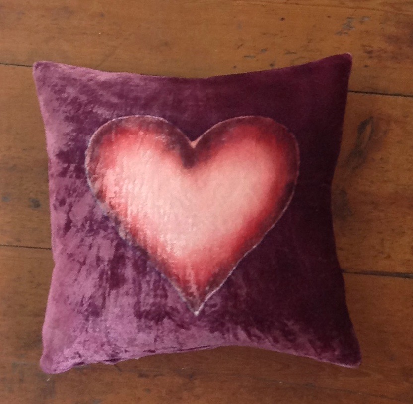 Hand painted silk velvet Heart Cushion Old Chapel Gallery