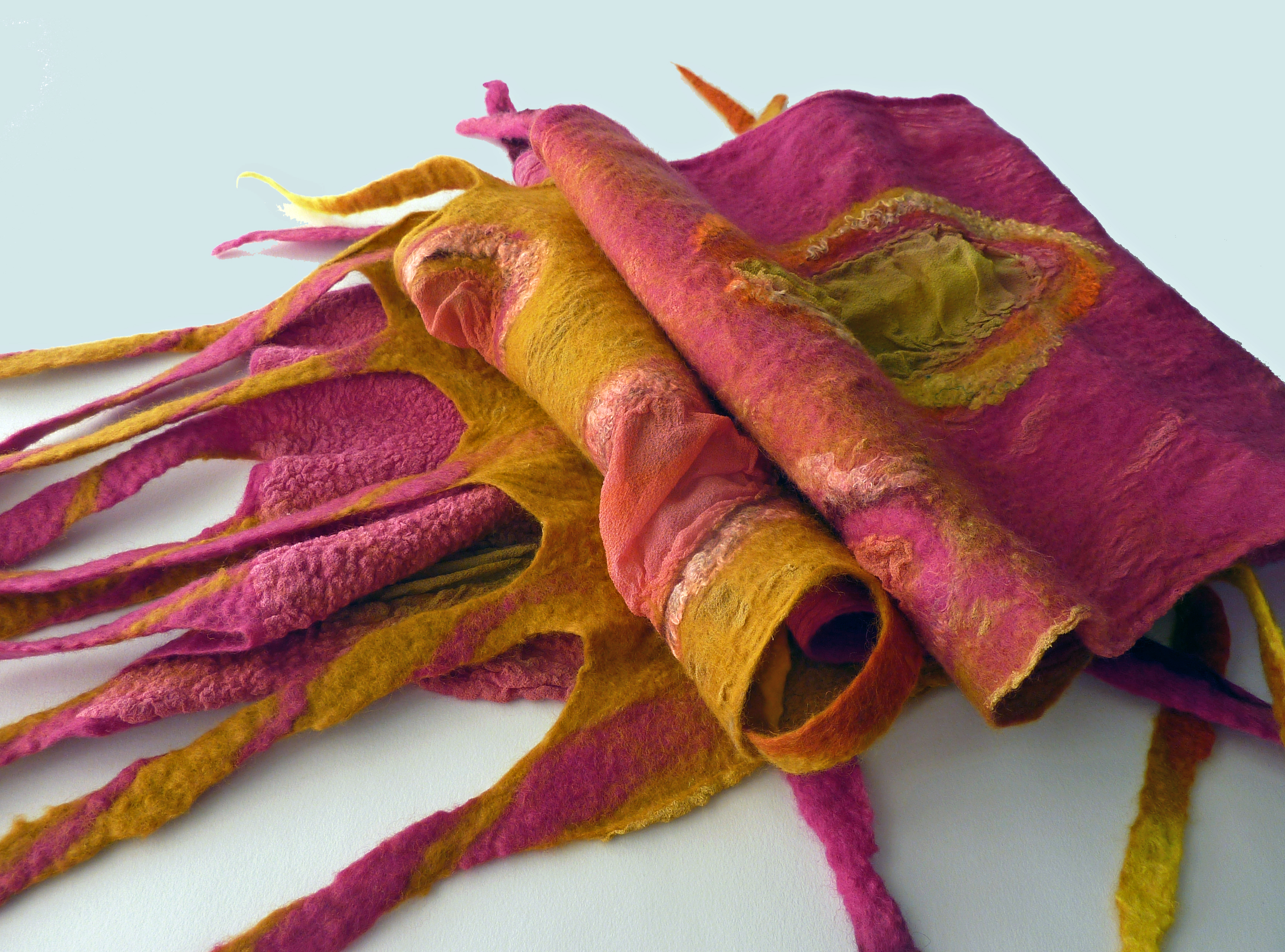 Hand dyed silk and wool scarf Raspberry and Saffron Old Chapel Gallery