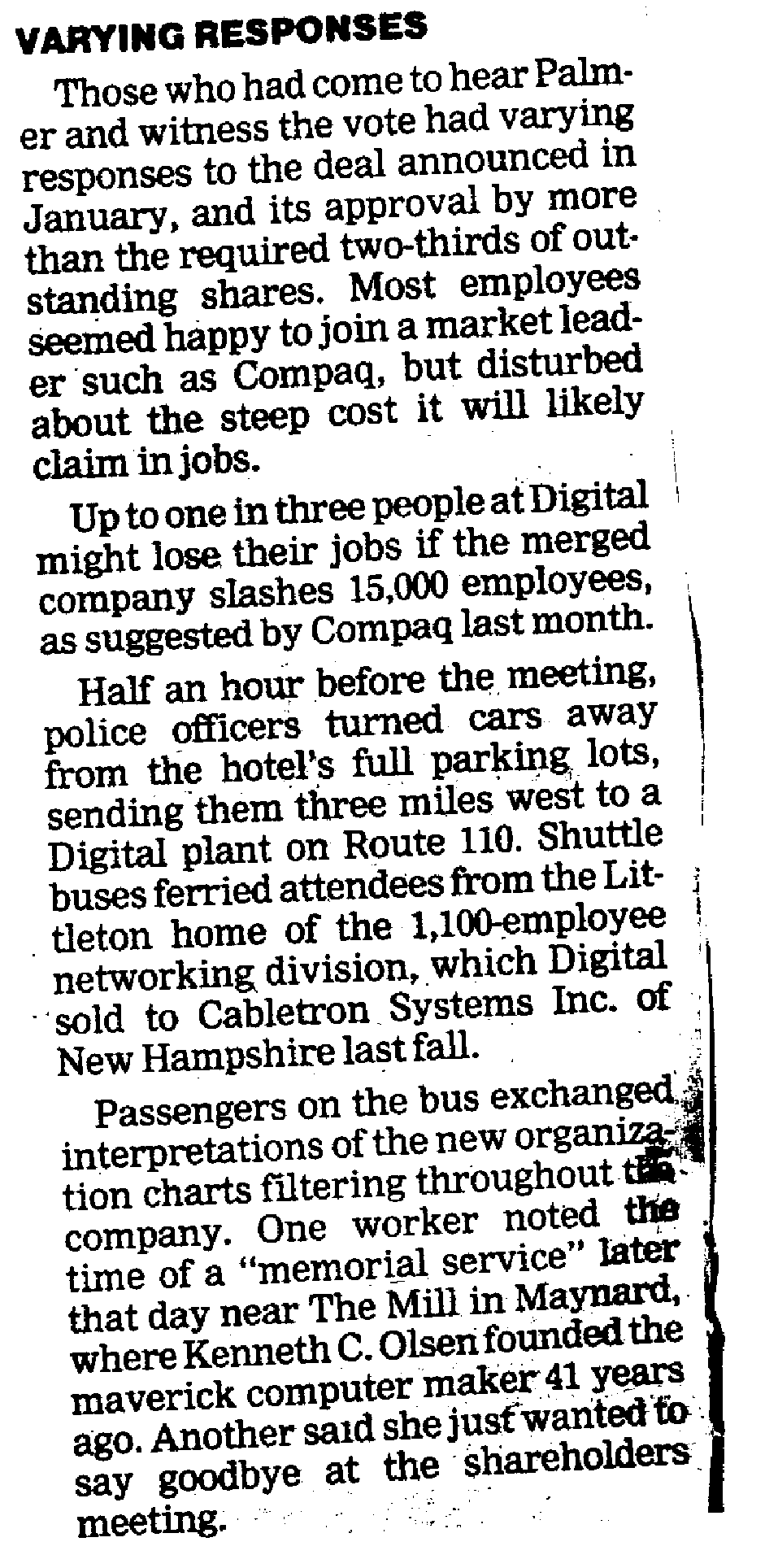 Newspaper articles about the Last Digital Shareholders Meeting Westford Ma