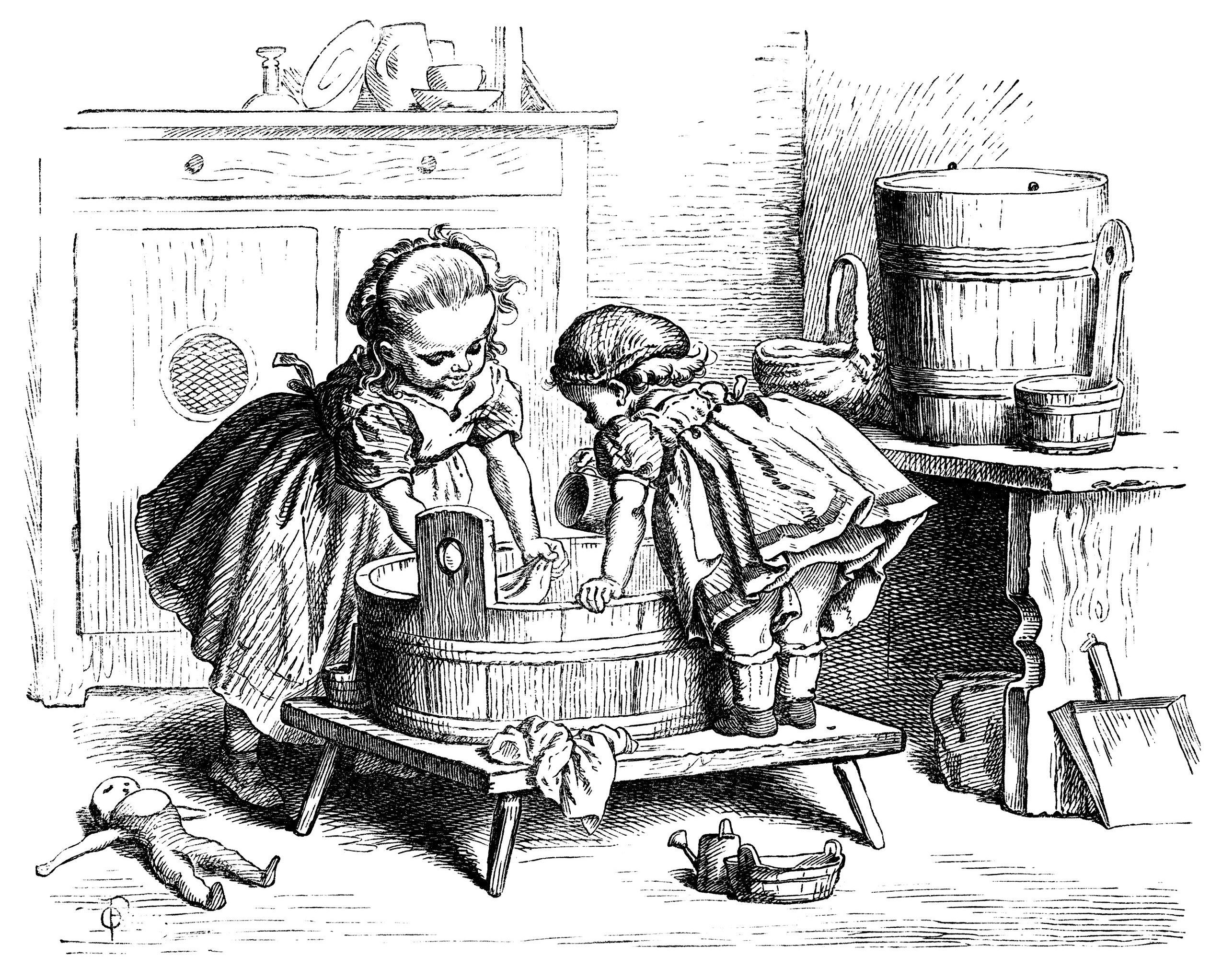 Girls Washing Doll Clothes Free Vintage Clip Art Old Design Shop Blog