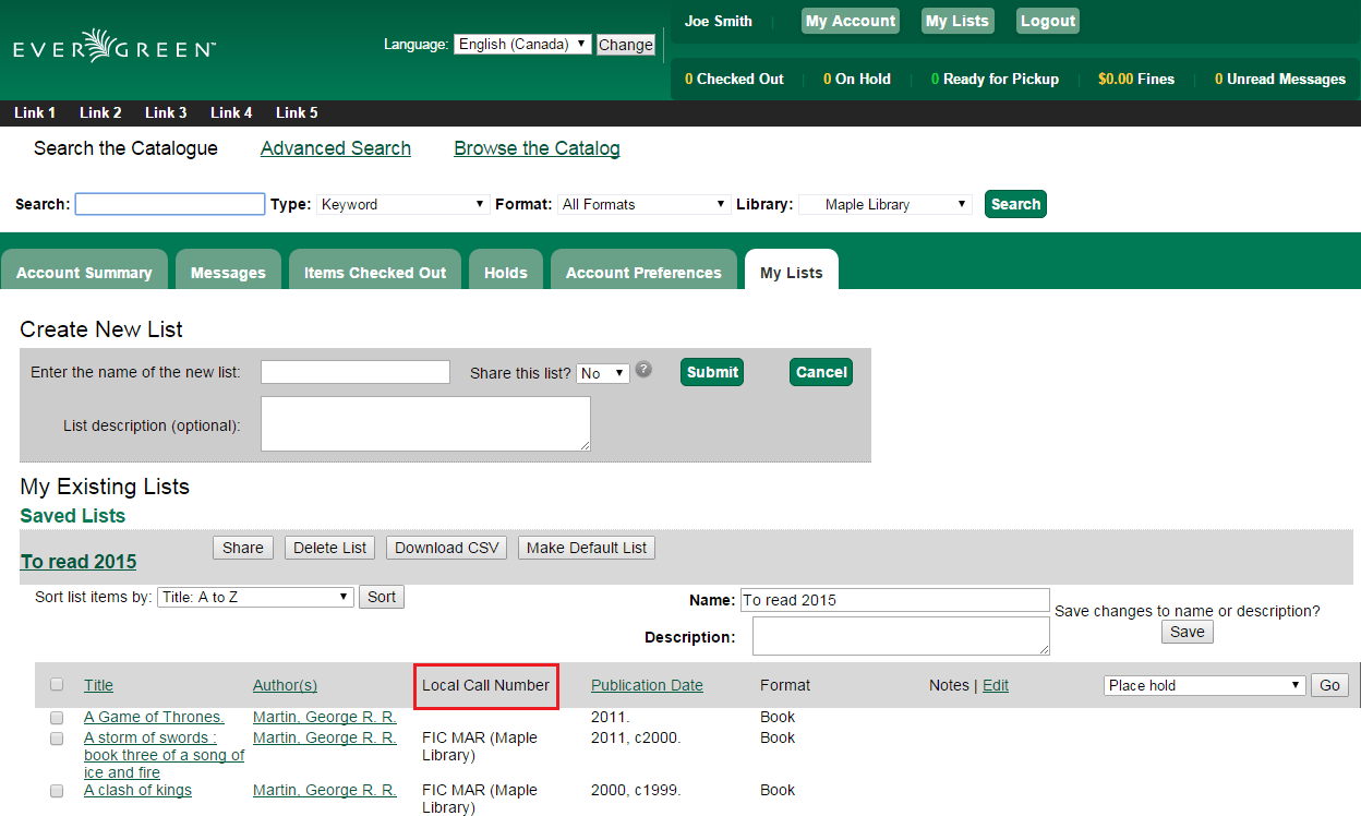 Local Call Number in My Lists