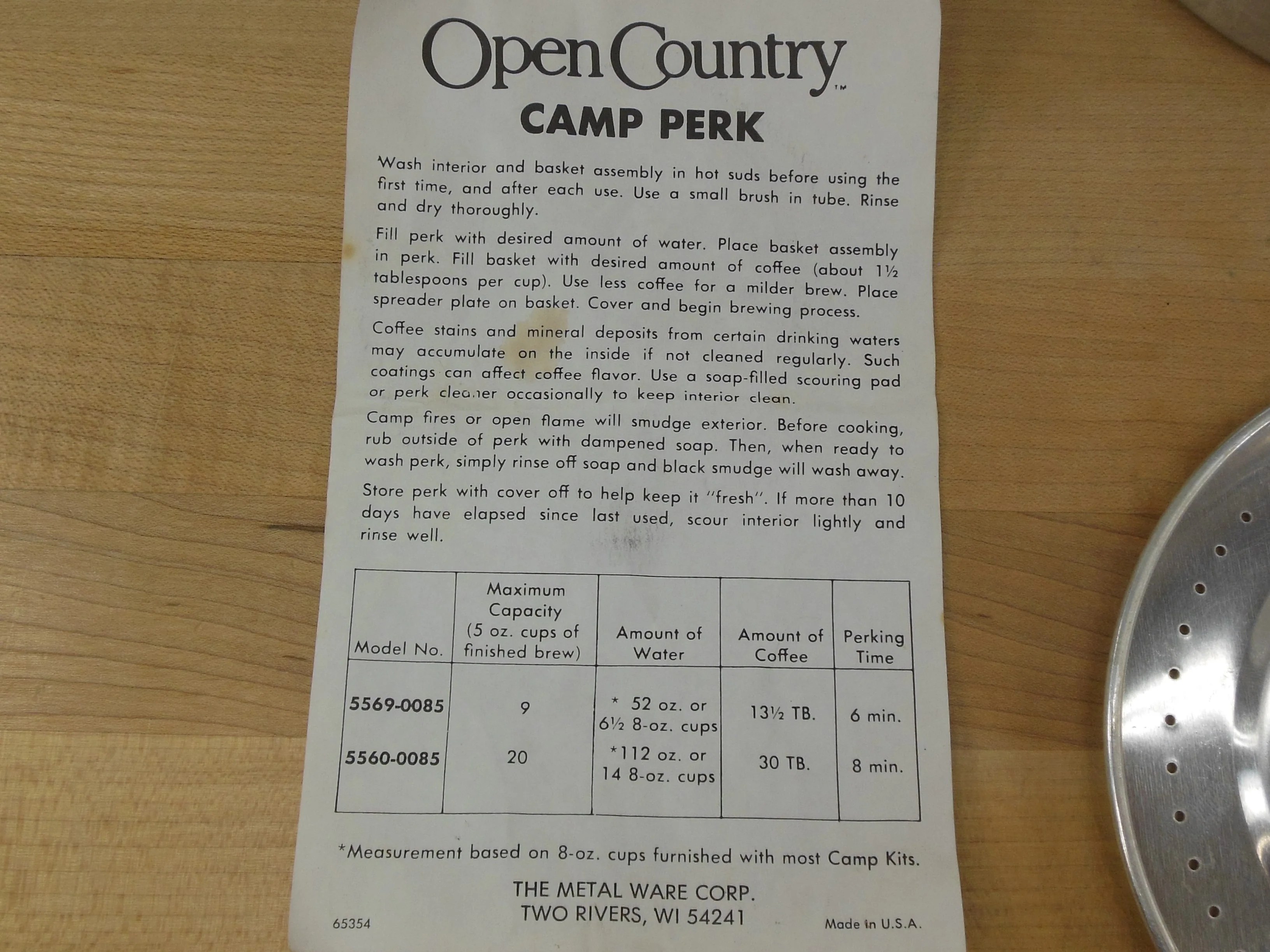 Open Country Camp Perk Coffee Percolator Instruction Sheet Olde