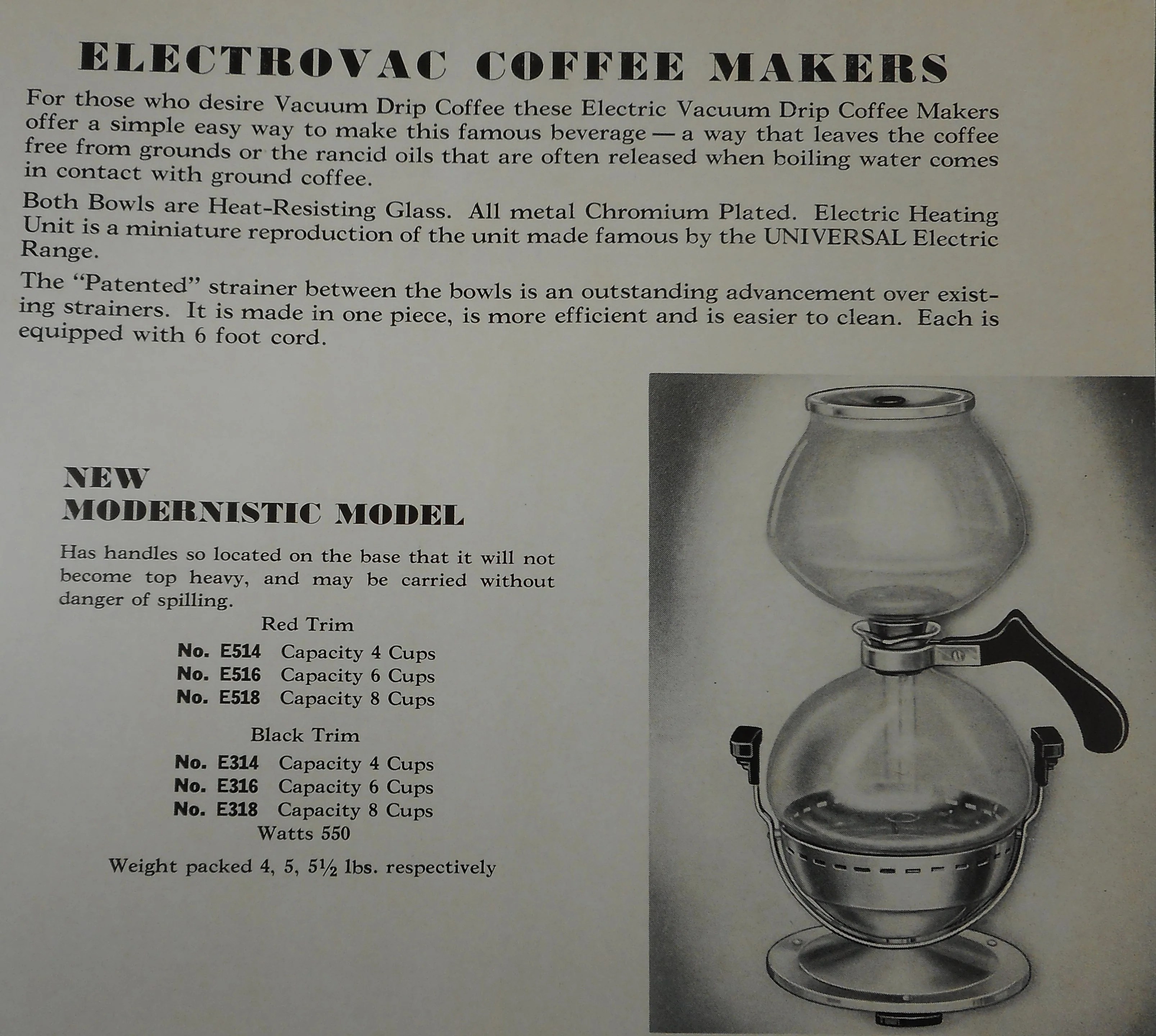 1937 Vintage Universal Electrovac Vacuum Drip Coffee Maker Ad Lander