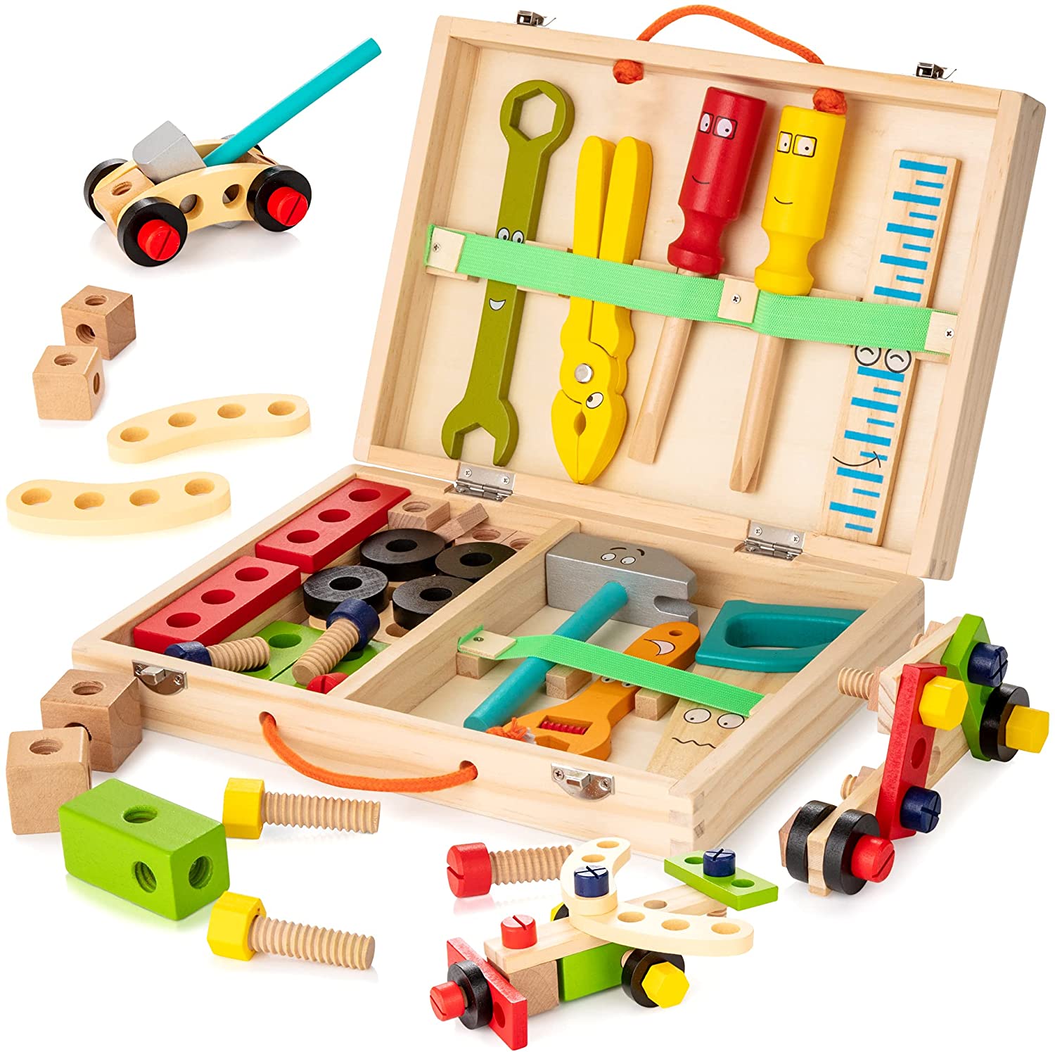 Wooden Tool Box, with Tools and Building Set Old Fashioned Toys