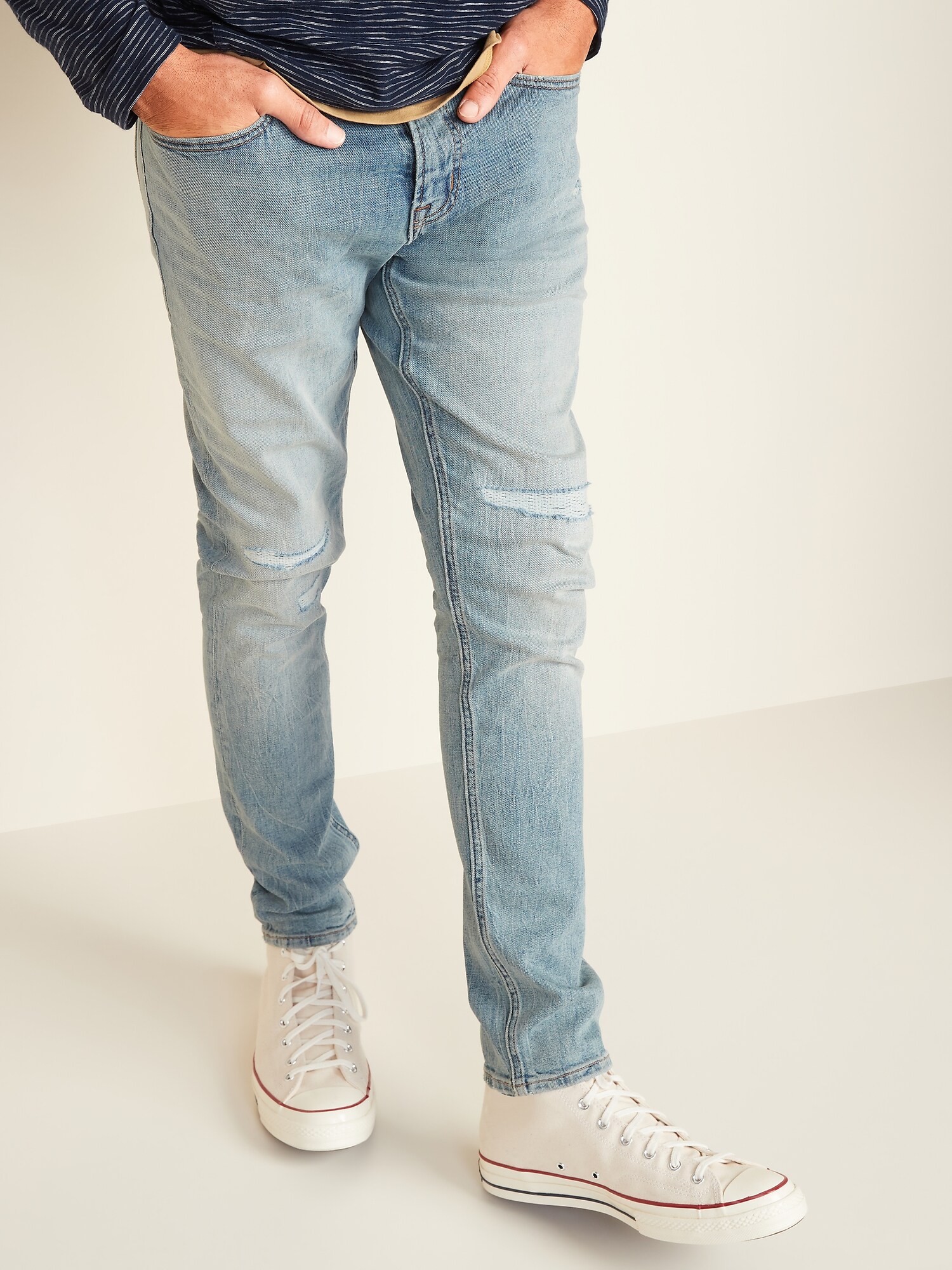 Relaxed Slim Taper Distressed BuiltIn Flex Jeans for Men Old Navy