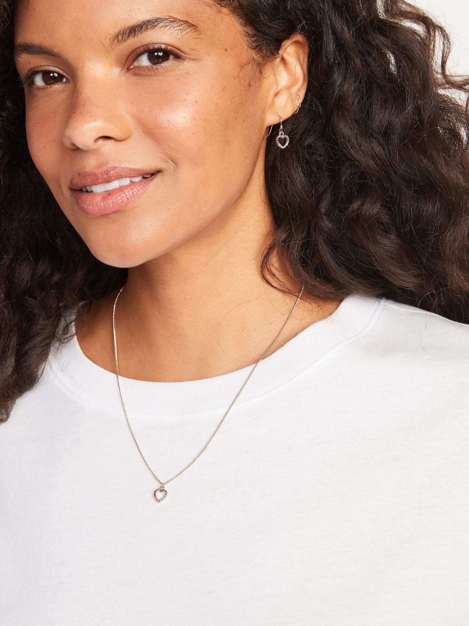 Rainbow Rhinestone Heart Pendant Necklace & Drop Earrings Set For Women Old Navy