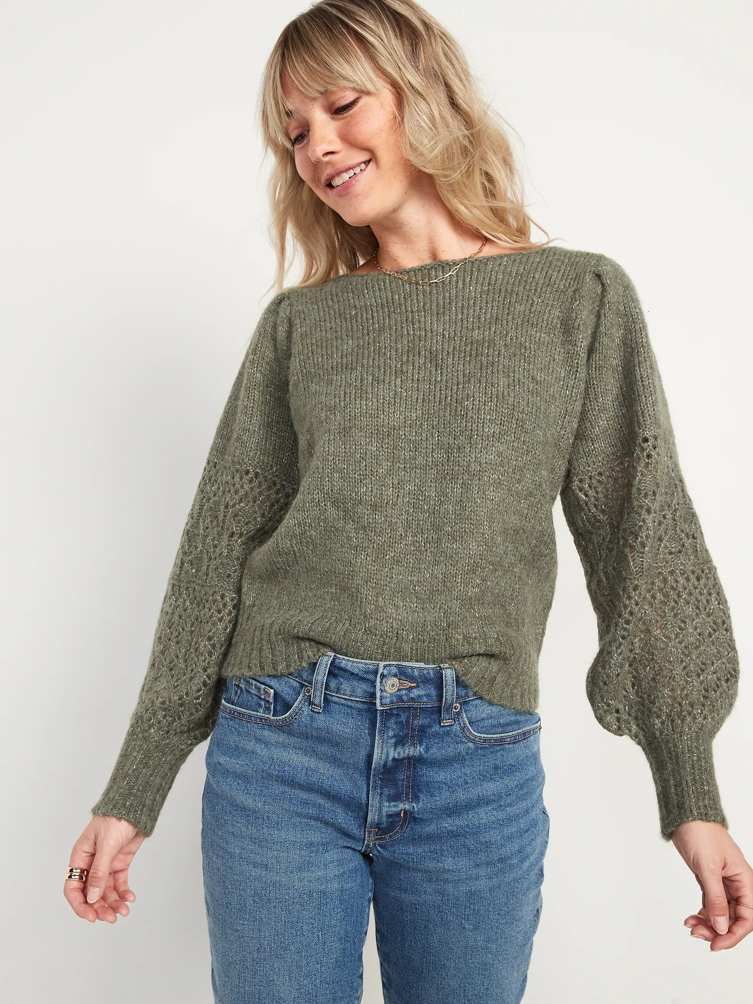 BoatNeck Heathered PointelleKnit Sweater for Women Old Navy