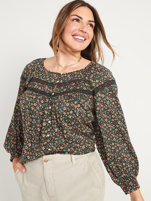 LongSleeve LaceTrimmed FloralPrint Blouse for Women Old Navy