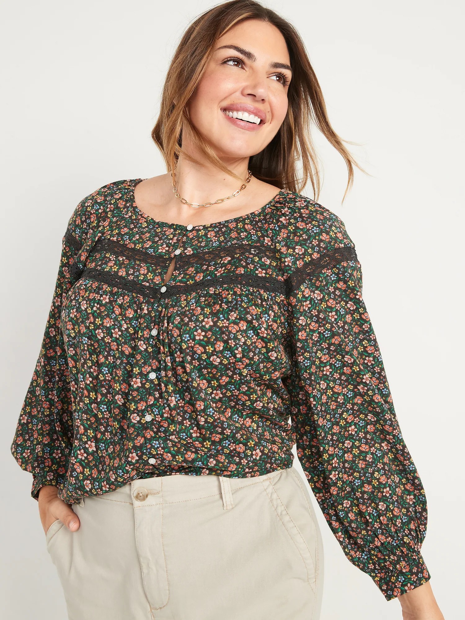 LongSleeve LaceTrimmed FloralPrint Blouse for Women Old Navy