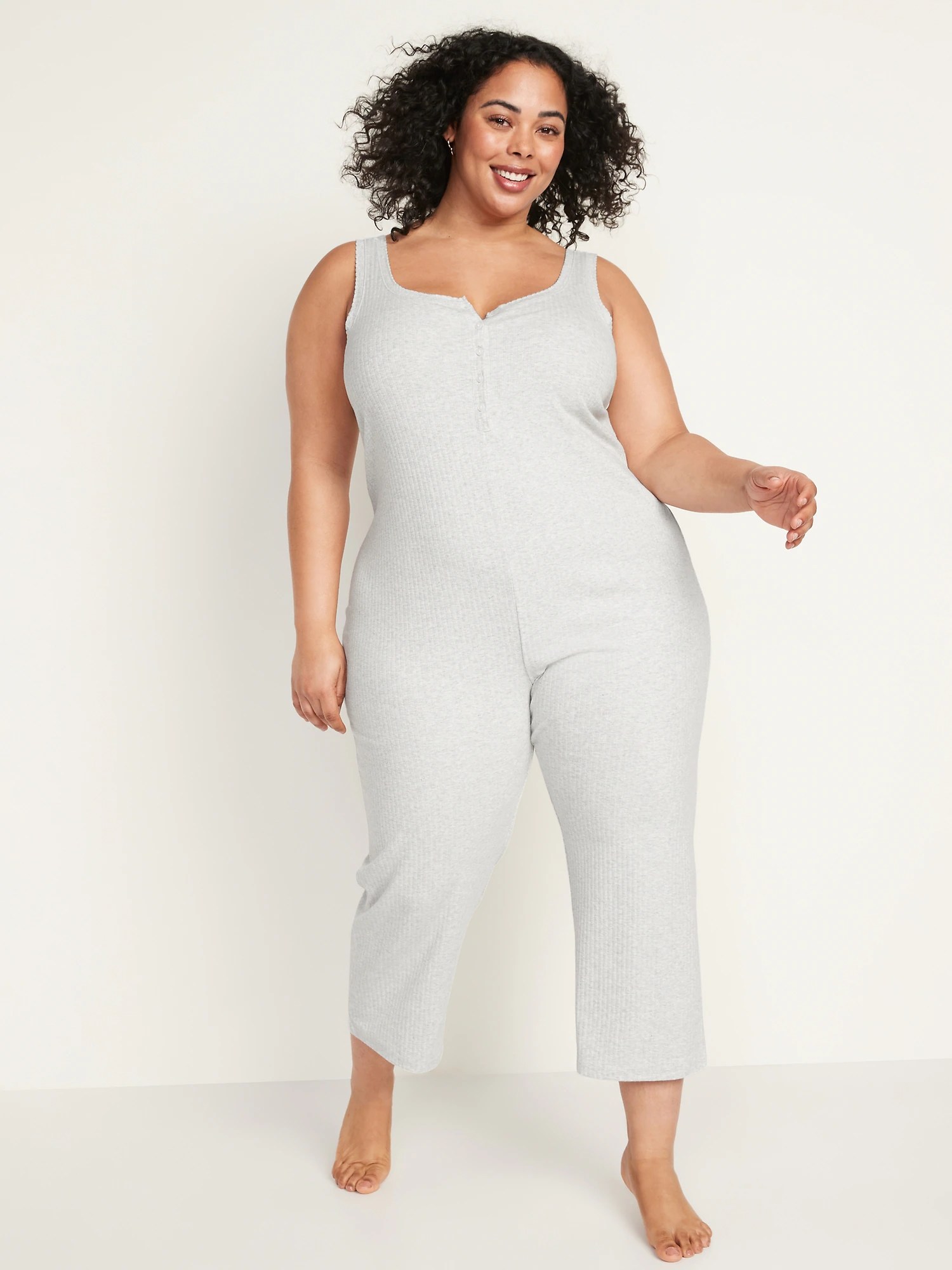 Sleeveless Cropped RibKnit Henley Lounge Jumpsuit for Women Old Navy