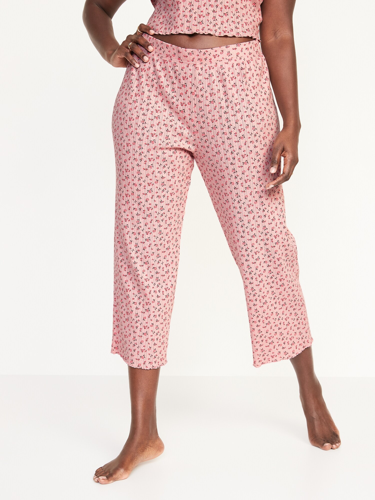 HighWaisted PointelleKnit LettuceHem Crop Lounge Pants Old Navy