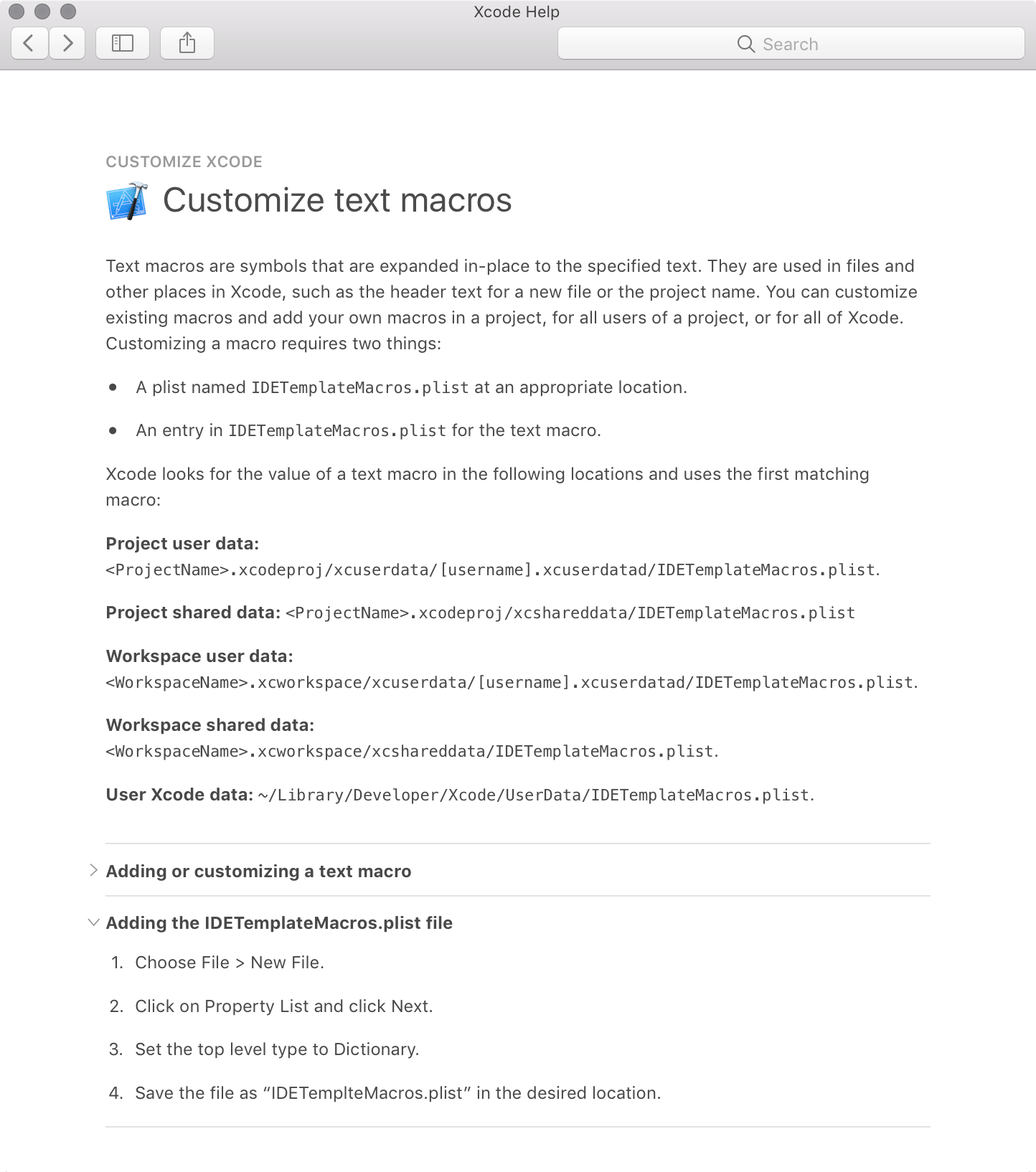 Customizing the file header comment and other text macros in Xcode 9