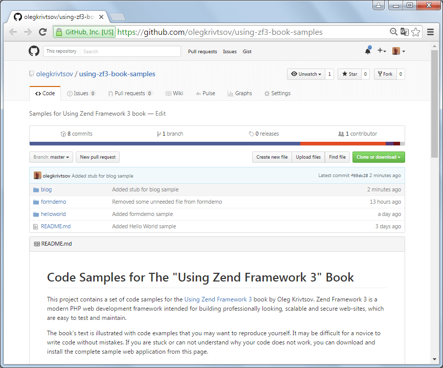 Obtener el Ejemplo Hello World del GitHub Using Zend Framework 3