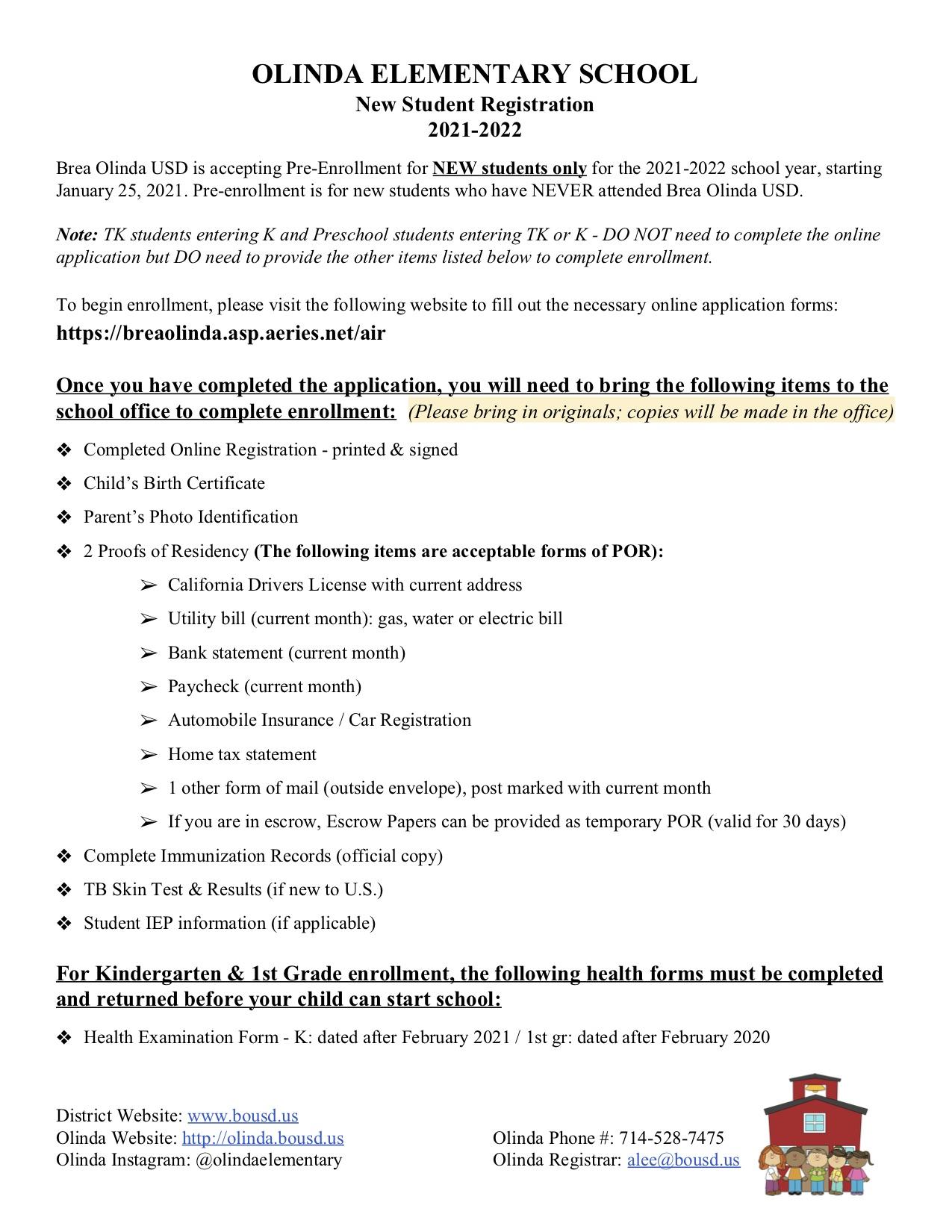 New Student Registration Olinda Elementary School