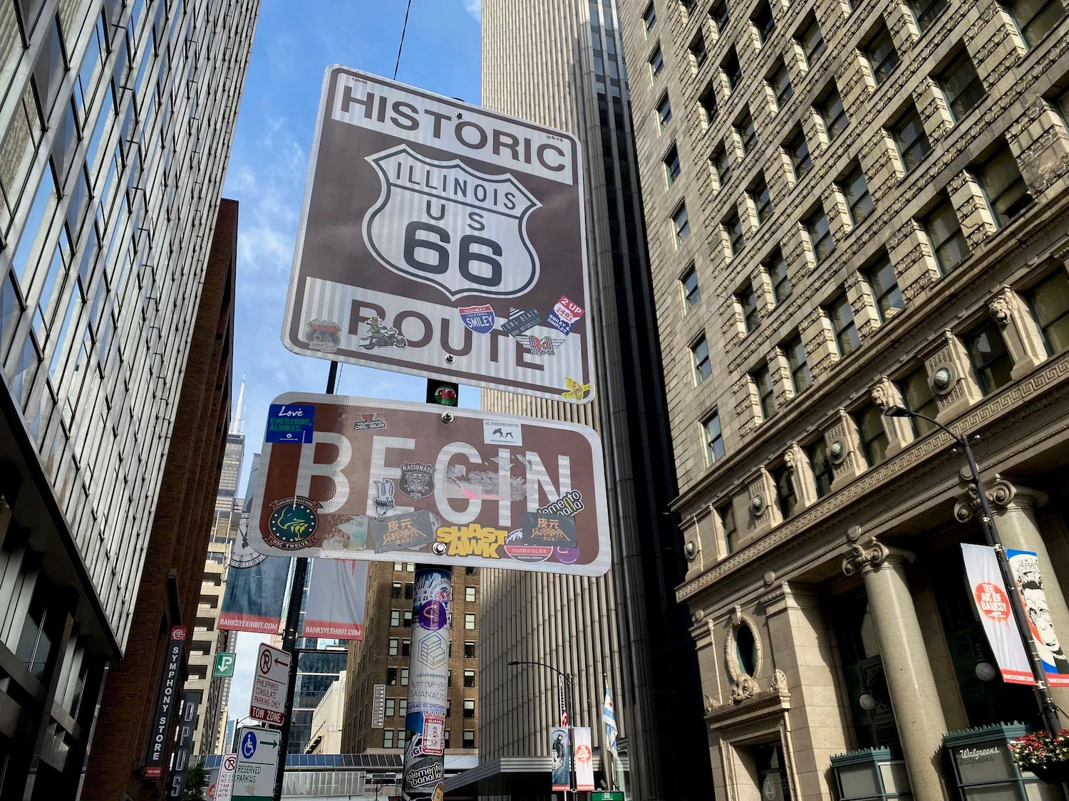 Begin Route 66 Sign in Chicago, Illinois Olio in Iowa