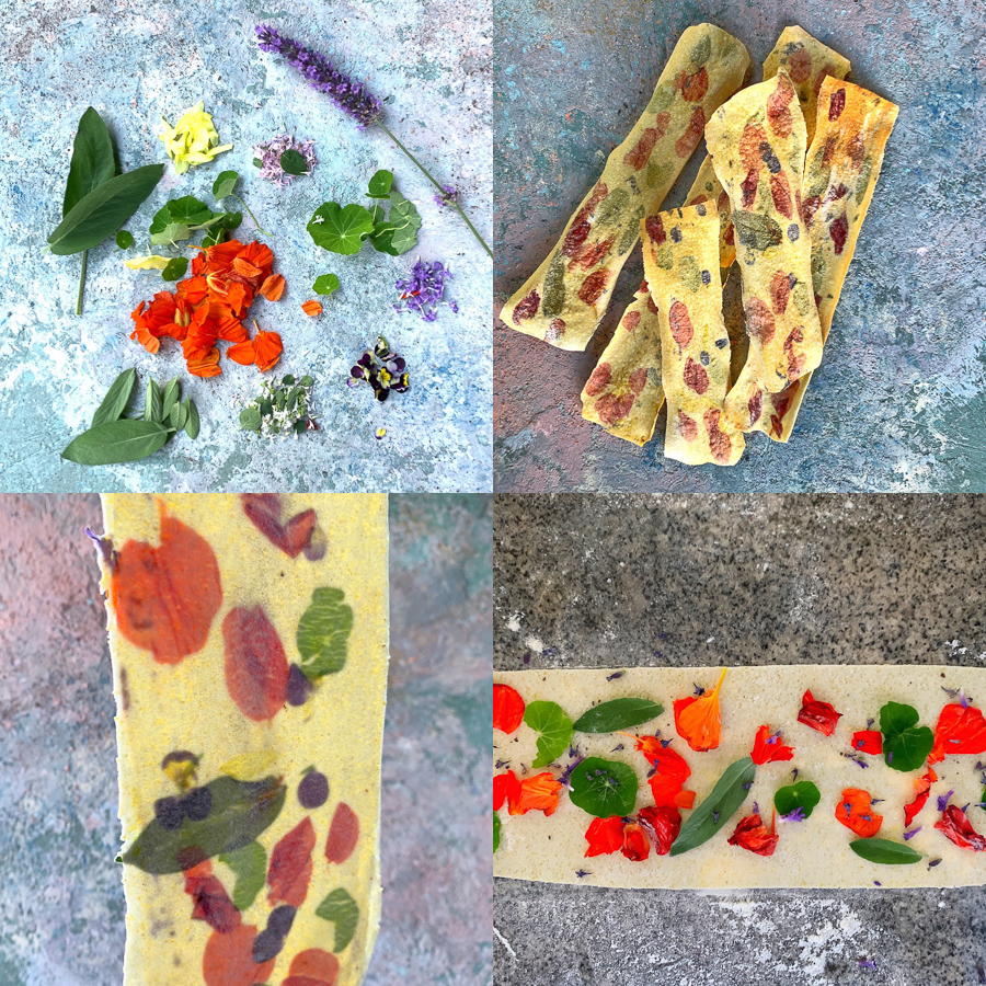 Flower and herb Carta di Musica (Sardinian Crisp Bread) Olive Oil and
