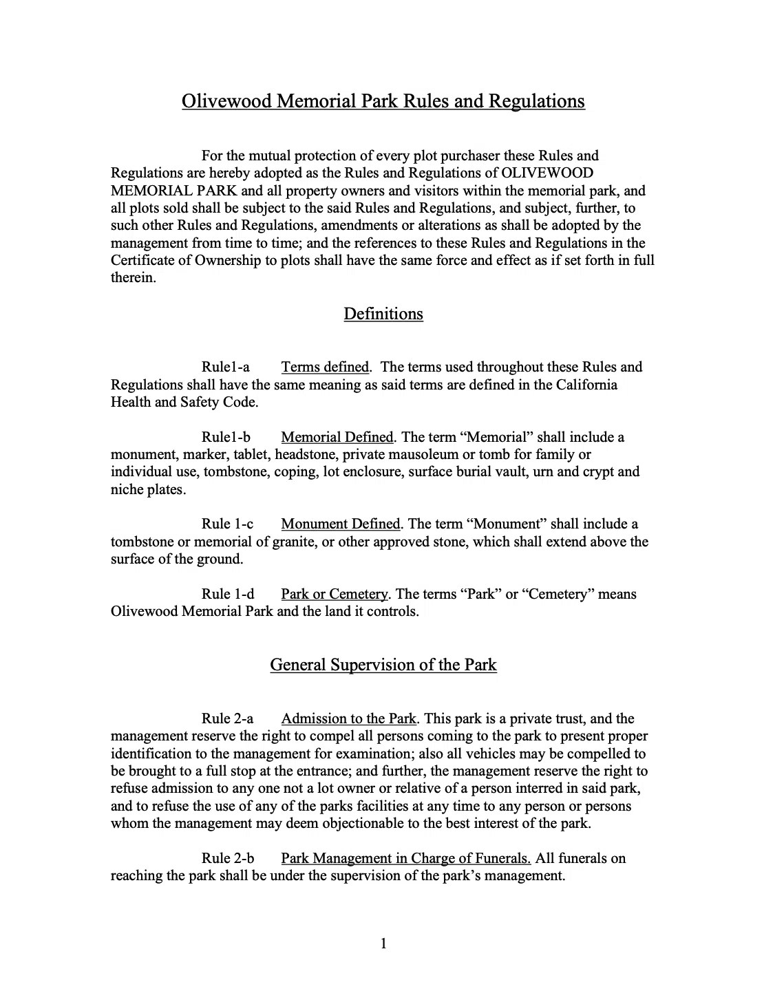 Olivewood Memorial Park Rules & Regulations Olivewood Cemetery