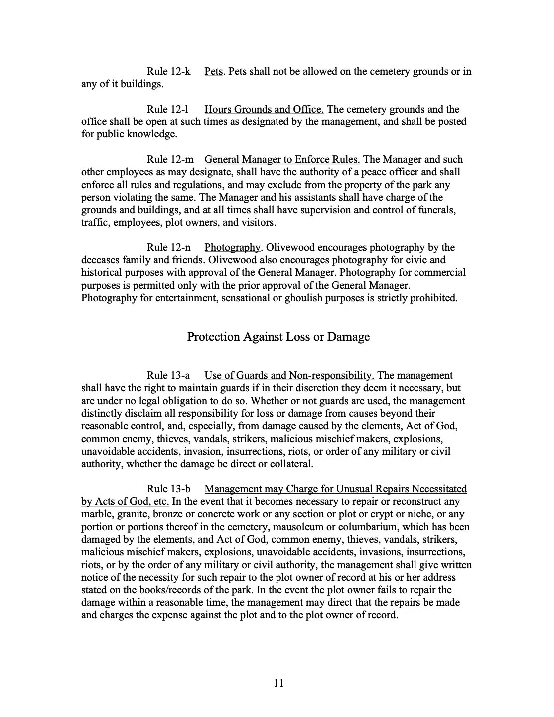 Olivewood Memorial Park Rules & Regulations Olivewood Cemetery