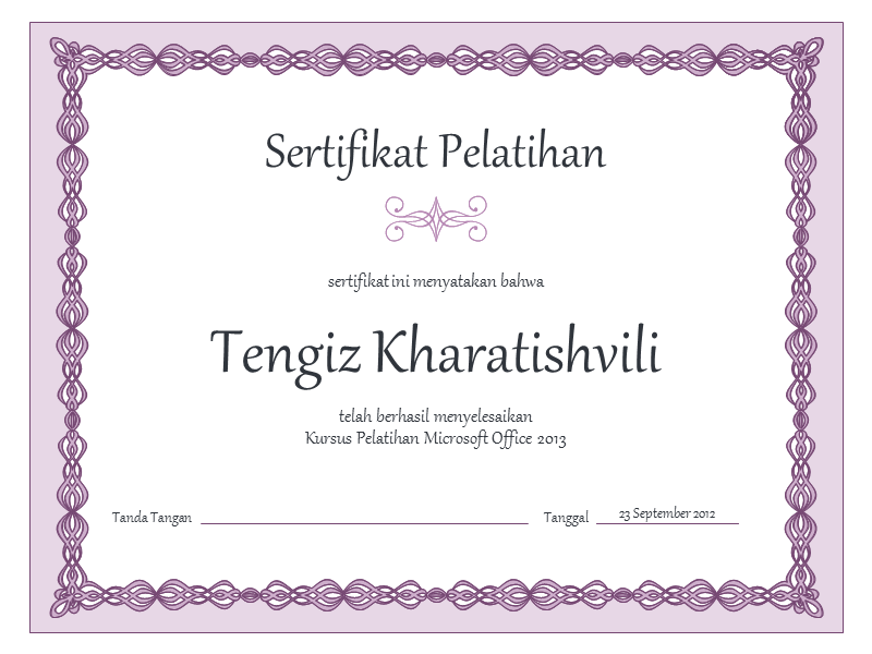 Sertifikat Pelatihan (desain bingkai ungu) Office Templates