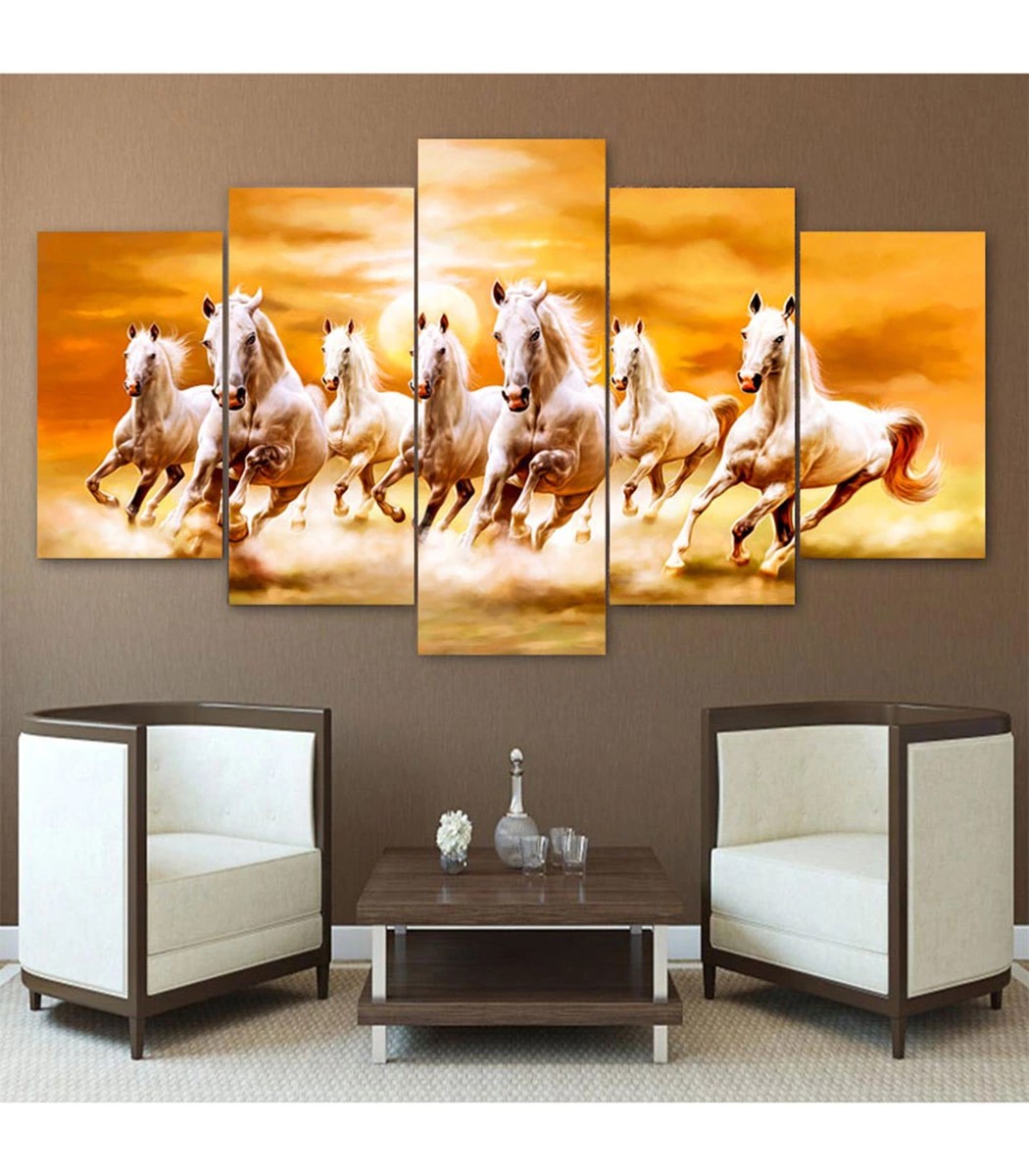 Five Piece Vastu Horse Canvas Print and Frame Wall Decor Arts, Frames