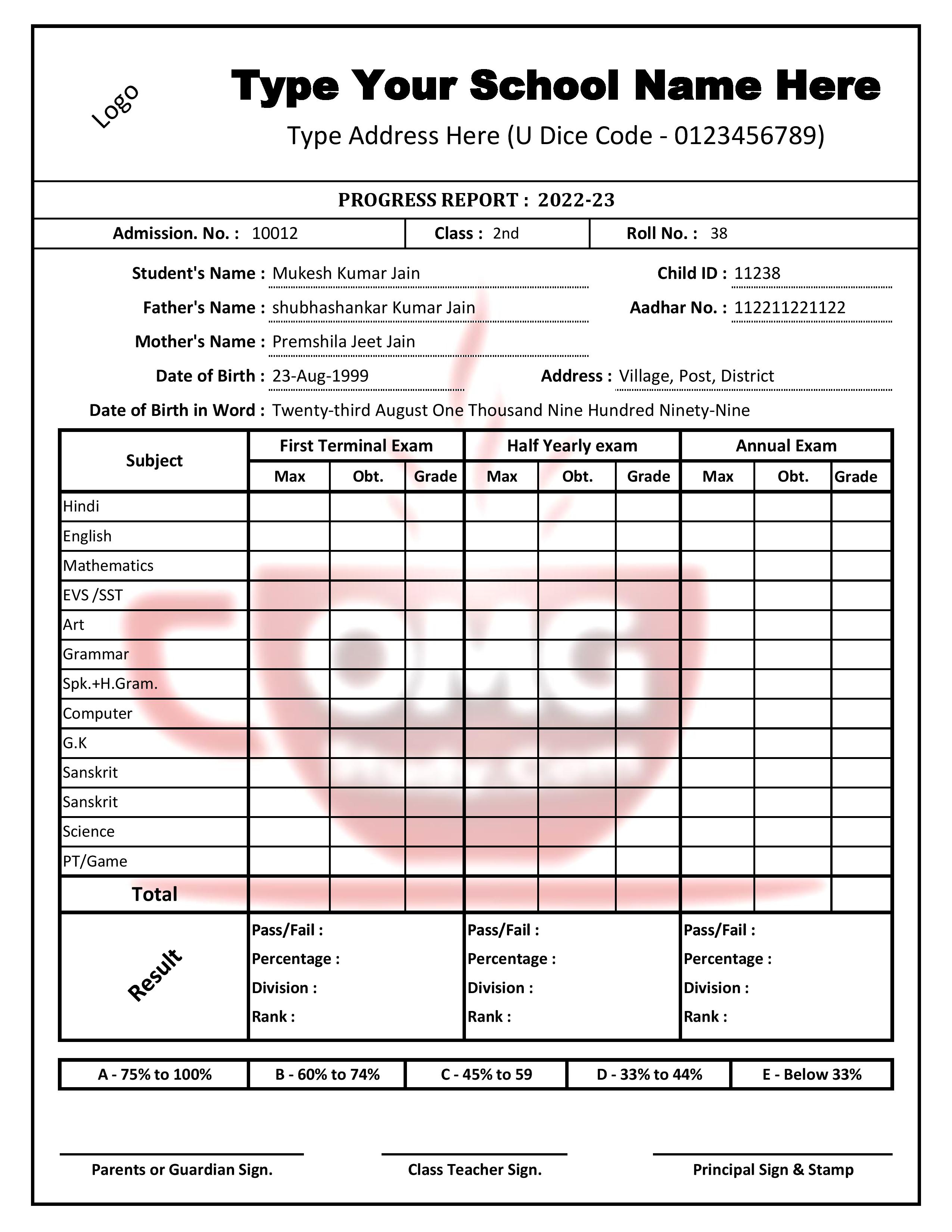 Complete Marksheet Management System in Excel for School