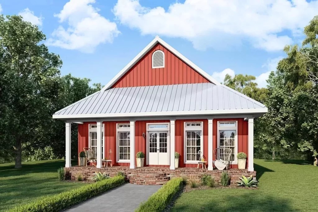 BarnStyle 2Bedroom 1Story Country Farmhouse with Two Covered Porches