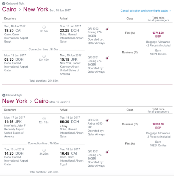 1,100 Roundtrip Qatar Airways Business Class Fares From Cairo To The