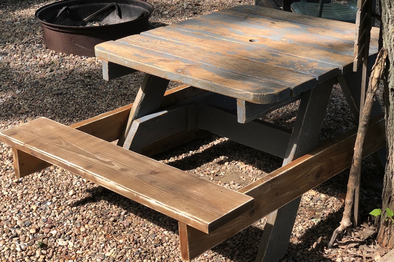 Tea Stained Picnic Table learn to restore a weathered wood patina