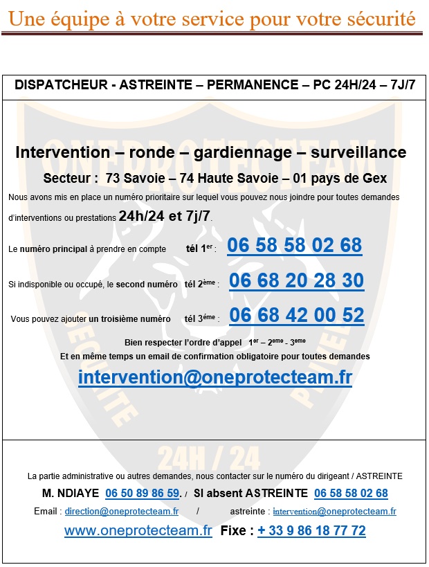 Procédure d’appel Oneprotecteam, Gardiennage, Sécurité, Annecy, Chambéry