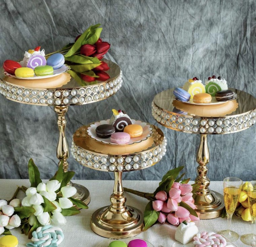 Set of 3 Gold Pearl Embellished Cake & Dessert Stand One Stop Hop