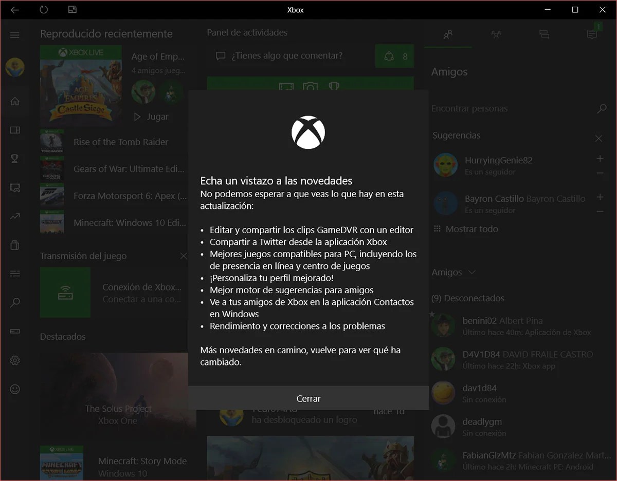 La aplicación Xbox para Windows 10 se actualiza con las novedades de la