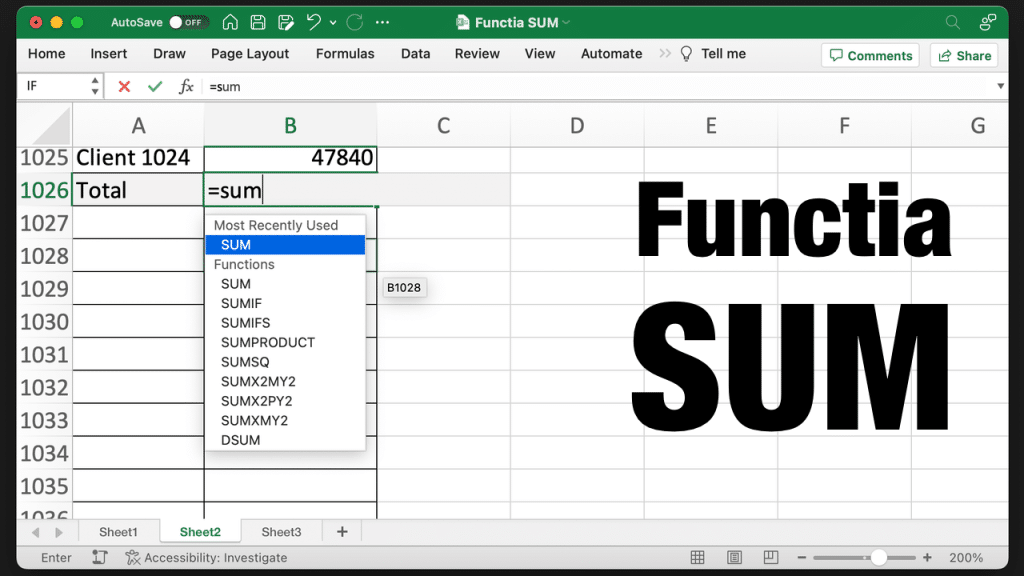 Functia SUM in Excel onLearn