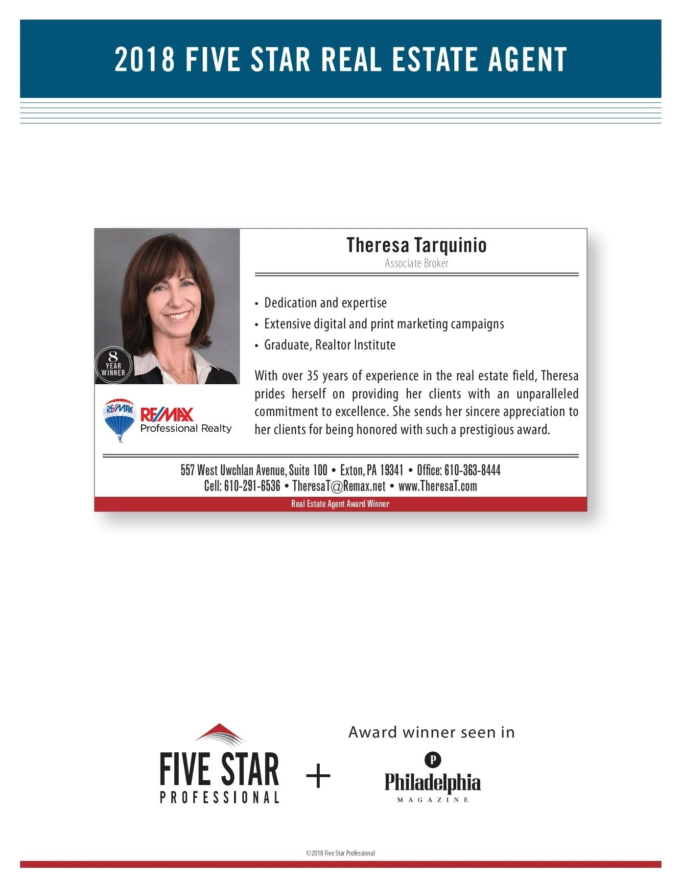 Theresa Tarquinio 2018 Philadelphia Five Star Real Estate Agent
