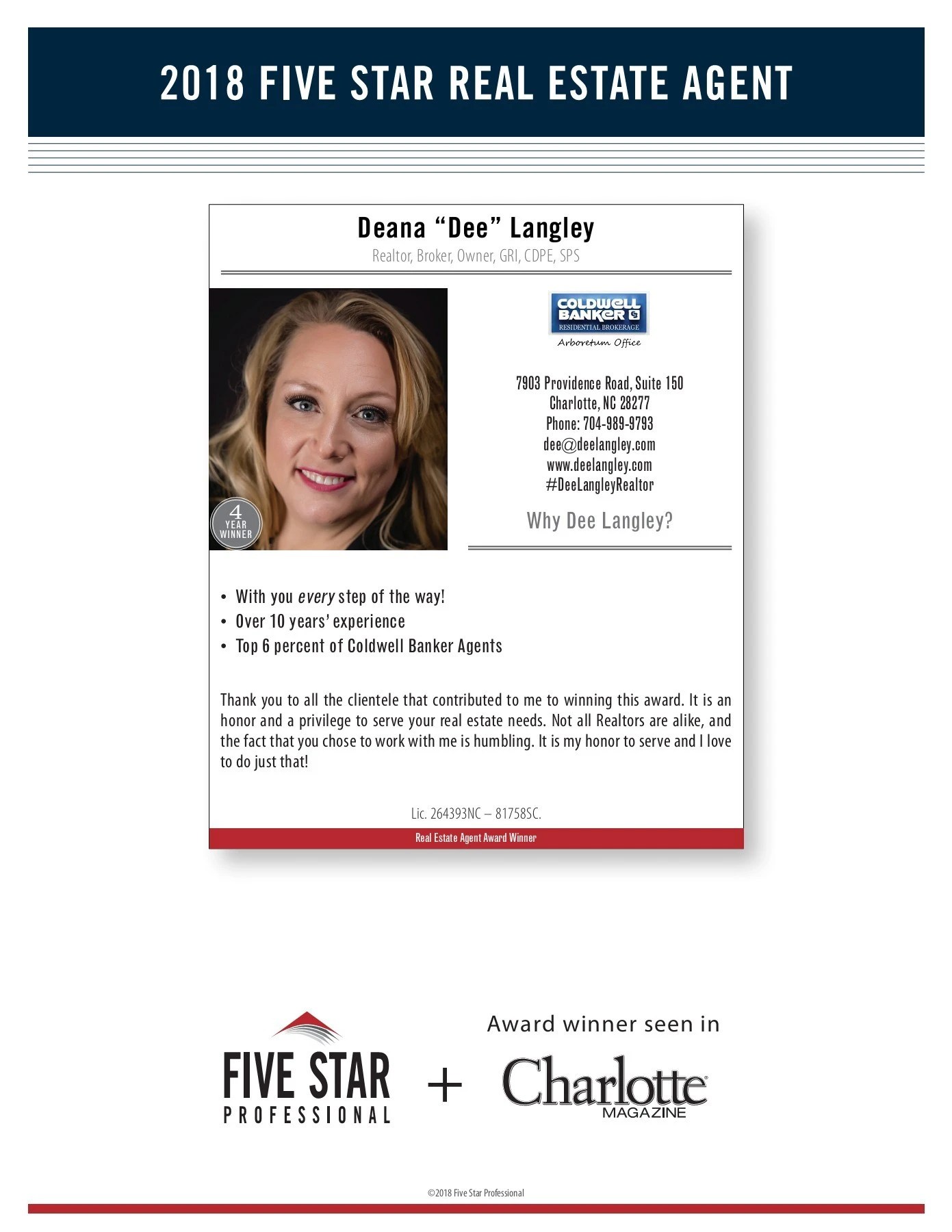 Deana Langley 2018 Charlotte Five Star Real Estate Agent