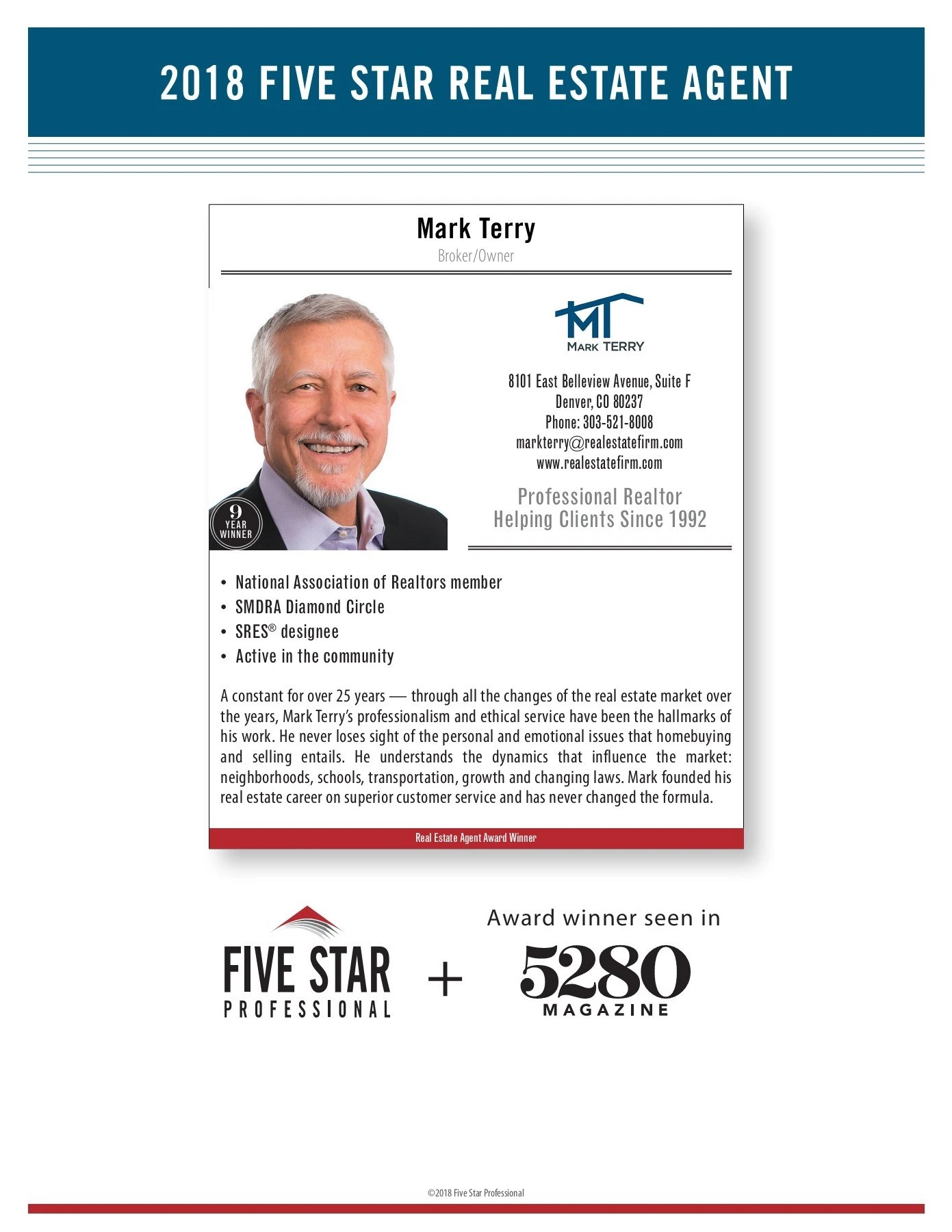 Mark Terry 2018 Denver Five Star Real Estate Agent