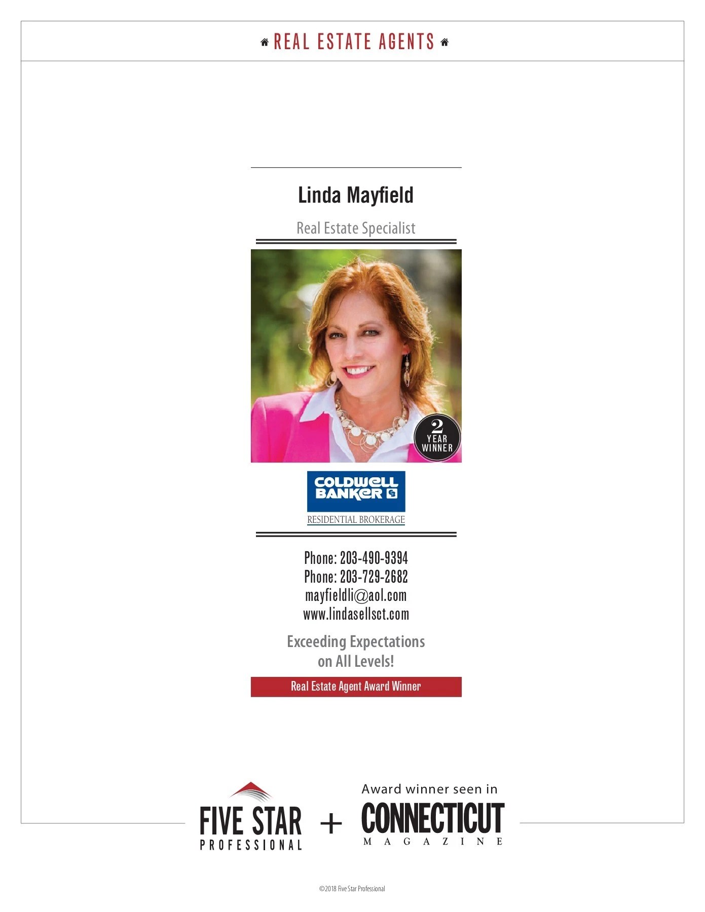 Linda Mayfield 2018 Connecticut Five Star Real Estate Agent
