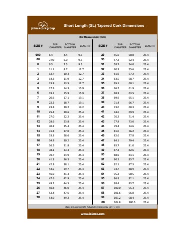 Jelinek Tapered Cork Stopper Size Charts