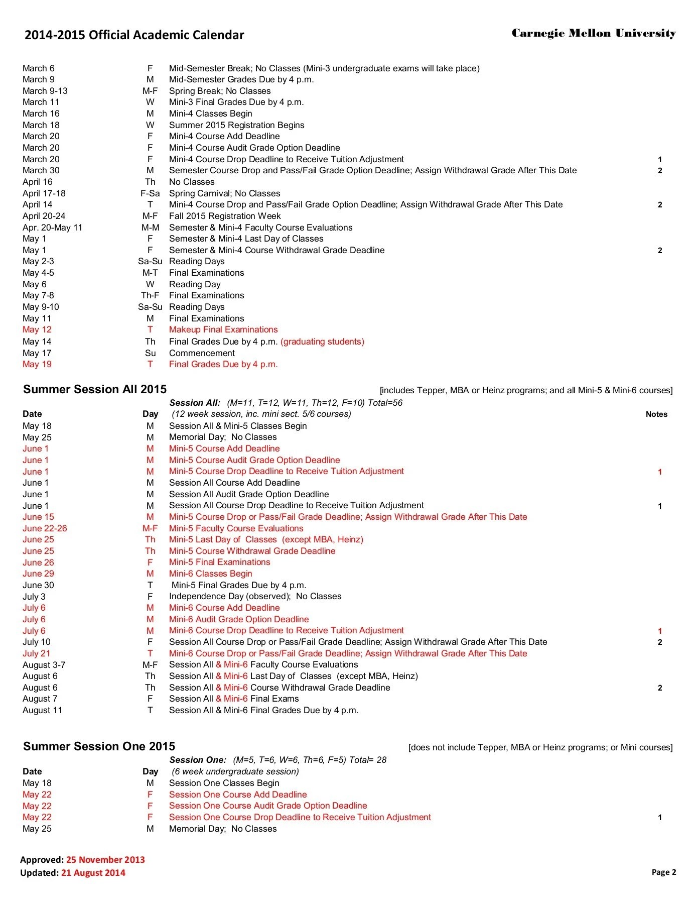 20142015 Official Academic Calendar Carnegie Mellon