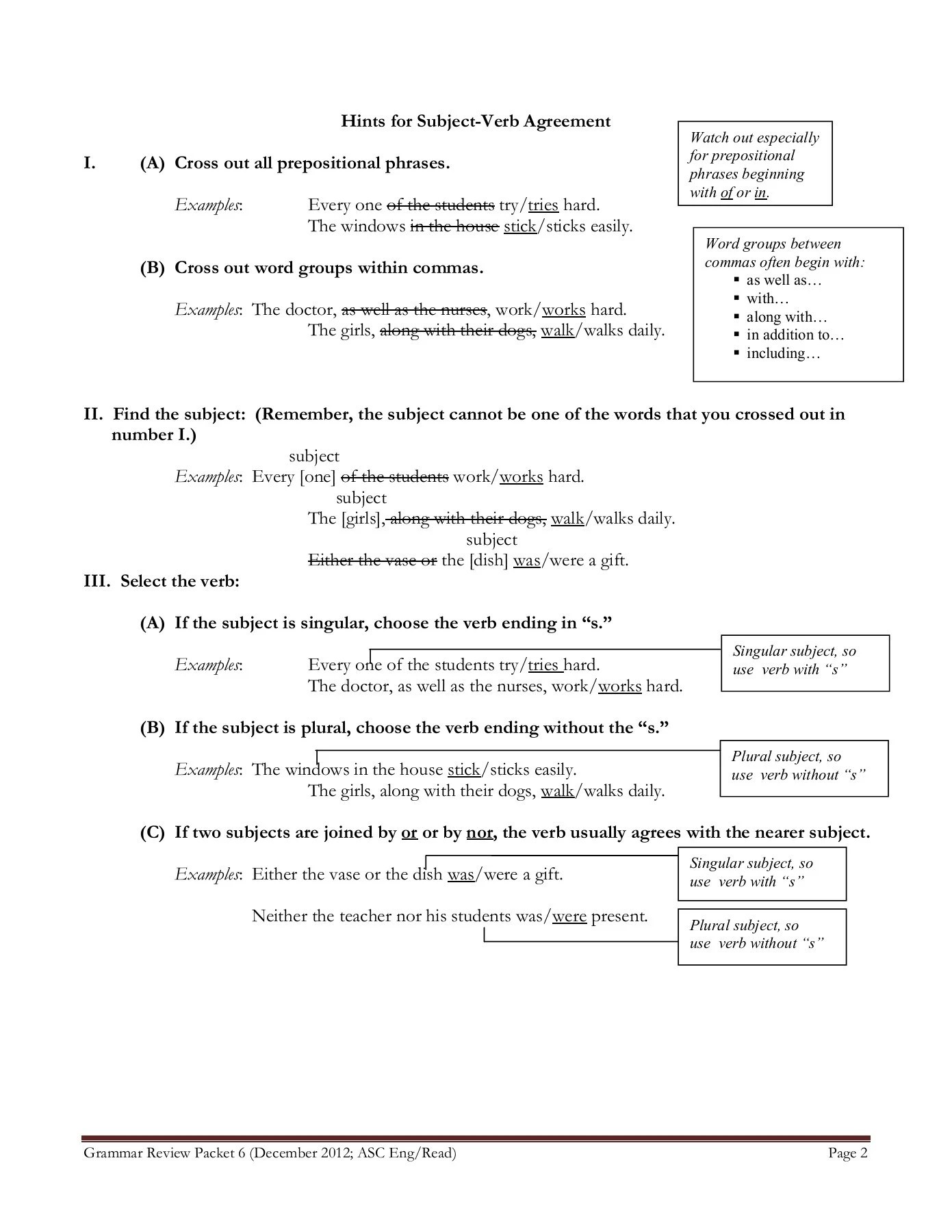 GRAMMAR REVIEW PACKET 6 SUBJECTVERB AGREEMENT