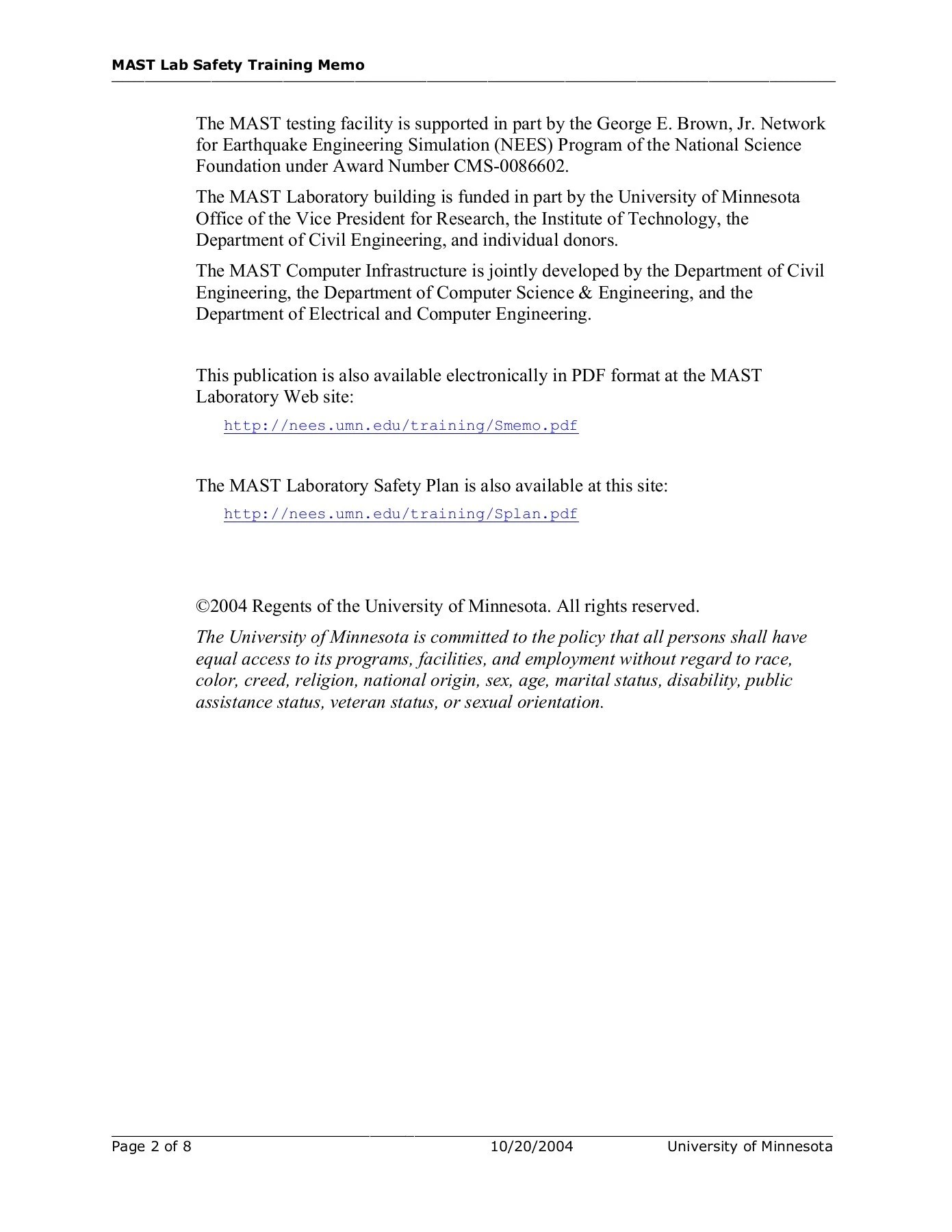 Safety Training Memo University of Minnesota