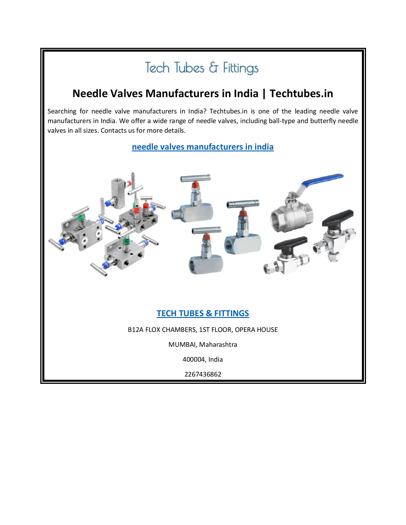 Needle Valves Manufacturers in India Techtubes.in TECH TUBES