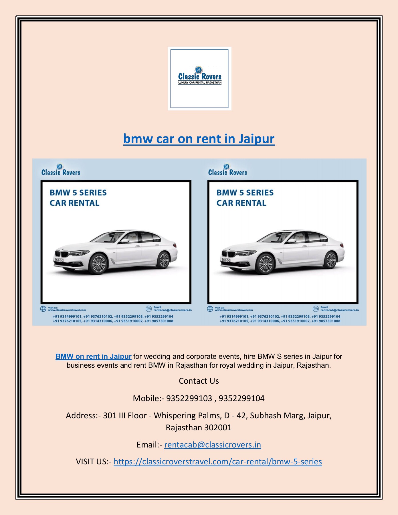bmw car on rent in Jaipur Classic Rovers Travel Page 1 1 Flip PDF Online PubHTML5