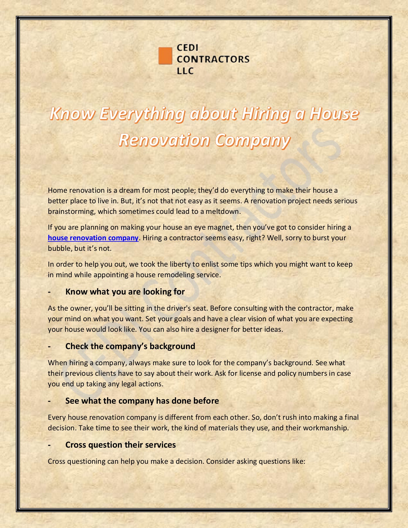 Get All The Details Before Hiring A House Renovation Company CEDI