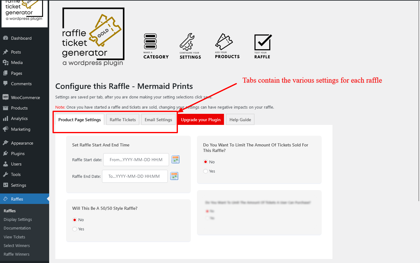 Configuration Settings Wordpress Raffle Ticket Generator for