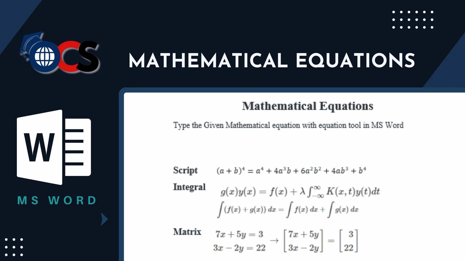 Mathematical Equations MS Word Project Free for Student Online