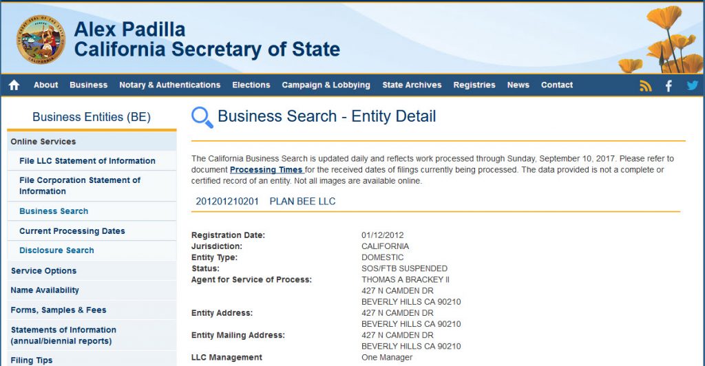 .Build registry (Plan Bee LLC) has been suspended in California (can't