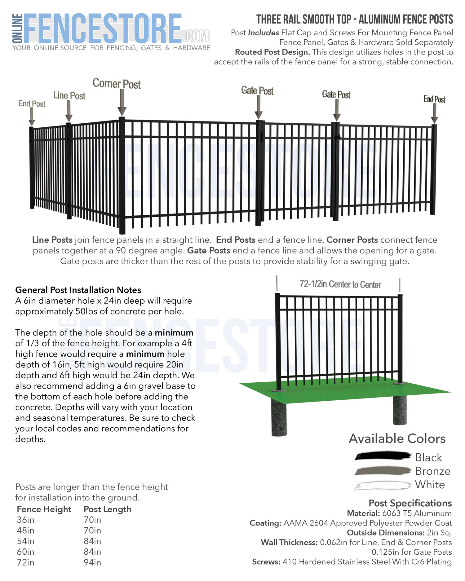 Three Rail Smooth Top Aluminum Fence Posts