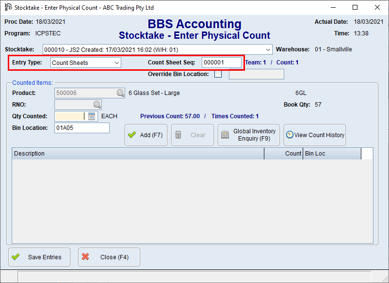Stocktake Procedure Using Counts Sheets