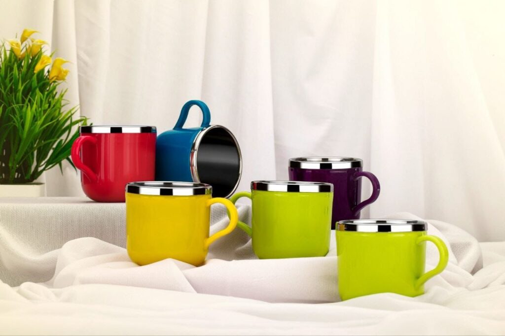 Double Wall Tea Cup Set of 6 Stainless Steel Plastic Cup Onlitems