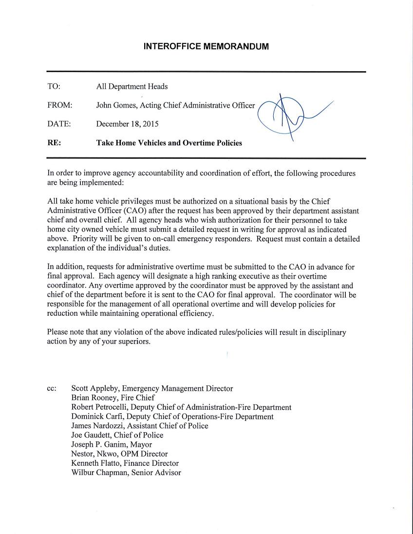 Gomes Puts Brakes On Takehome Vehicles And OT, Announces New